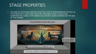 STAGE PROPERTIES
 THE SIZE OF THE STAGE DEPEND UPON THE TYPE OF PERFORMANCE THE HALL IS
TO CATER FOR. IT WOULD BE LAGE FOR THEATRES, WHILE IT WOULD BE
COMPARATIVELY SMALL FOR CINEMA HALLS WHICH AGAIN DEPENDS ON THE SIZE
OF THE SCREEN.
 