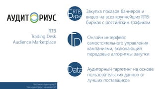 Б

RTB- Закупка показов баннеров и
иржа видео на всех крупнейших RTB-

RTB
Trading Desk
Audience Marketplace

TD
Data

Что такое Аудиториус?
Чем Аудиториус занимается?

биржах с российским трафиком

Онлайн интерфейс
самостоятельного управления
кампаниями, включающий
передовые алгоритмы закупки
Аудиторный таргетинг на основе
пользовательских данных от
лучших поставщиков

 