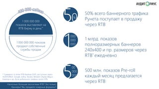 1 000 000 000
показов выставляют на
RTB биржу в день**

1 000 000 000 показов
продают собственные
службы продаж

* Суммарно по всем RTB-биржам (﴾SSP)﴿, доступным через
AUDITORIUS: Google, Adfox, Yandex, Between Digital, Begun,
Kavanga и др. Доля мобильного трафика около 20%.

Насколько большая экосистема RTB? Это только
баннеры? Вы продаете тизерные форматы?

50
1
%

000
000
000

5

00
000
000

50% всего баннерного трафика
Рунета поступает в продажу
через RTB

1 млрд. показов
полноразмерных баннеров
240х400 и пр. размеров через
RTB* ежедневно
500 млн. показов Pre-roll
каждый месяц предлагается
через RTB

 
