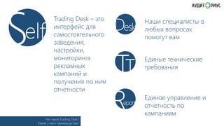 S

elf

Trading Desk – это
интерфейс для
самостоятельного
заведения,
настройки,
мониторинга
рекламных
кампаний и
получения по ним
отчетности

Desk

ТТ
R

eport

Что такое Trading Desk?
Какие у него преимущества?

Наши специалисты в
любых вопросах
помогут вам
Единые технические
требования

Единое управление и
отчетность по
кампаниям

 