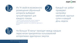 14
10

Из 14 свойств возможного
размещения обученный
алгоритм выбирает
лучший вариант для
каждого показа

* частота показа, количество кликов, конверсии,
сайты, размеры баннеров, баннерное место,
рекламодатель, креатив, гео, устройство, аудитория и
другие

24

Каждый час робот
проверяет
настройки
кампаний, круглые
сутки и каждый
день недели

Не больше 10 минут проходит между каждым
пересчетом приоритетов пользователей
алгоритмами аудиторных закупок

Какие технологии вы применяете?
Что они делают?

 