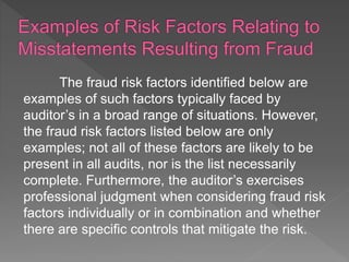 The fraud risk factors identified below are
examples of such factors typically faced by
auditor’s in a broad range of situations. However,
the fraud risk factors listed below are only
examples; not all of these factors are likely to be
present in all audits, nor is the list necessarily
complete. Furthermore, the auditor’s exercises
professional judgment when considering fraud risk
factors individually or in combination and whether
there are specific controls that mitigate the risk.
 
