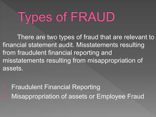 There are two types of fraud that are relevant to
financial statement audit. Misstatements resulting
from fraudulent financial reporting and
misstatements resulting from misappropriation of
assets.
1. Fraudulent Financial Reporting
2. Misappropriation of assets or Employee Fraud
 