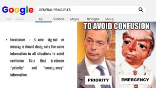 Images
Maps
Videos
All More
Google GENERAL PRINCIPLES
• Invariance - S ame sig nal or
messag e should desig nate the same
information in all situations to avoid
confusion lik e that b etween
"priority" and "emerg ency"
information.
back proceed
PRIORITY EMERGENCY
 