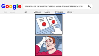 Images
Maps
Videos
All More
Google WHEN TO USE THE AUDITORY VERSUS VISUAL FORM OF PRESENTATION
back proceed
 