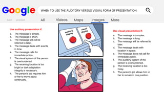 Images
Maps
Videos
All More
Google WHEN TO USE THE AUDITORY VERSUS VISUAL FORM OF PRESENTATION
back proceed
Use auditory presentation if:
a. The message is simple.
b. The message is short.
c. The message will not be
referred to later.
d. The message deals with events
in time.
e. The message calls for
immediate action.
f. The visual system of the person
is overburdened.
g. The receiving location is too
bright or dark adaptation
integrity is necessary.
h. The person's job requires him
or her to move about
continually.
Use visual presentation if:
a. The message is complex.
b. The message is long.
c. The message will be referred to
later.
d. The message deals with
location in space.
e. The message does not call for
immediate action.
f. The auditory system of the
person is overburdened.
g. The receiving location is too
noisy.
h. The person's job allows him or
her to remain in one position.
 