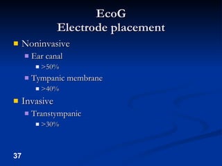 EcoG Electrode placement Noninvasive Ear canal >50% Tympanic membrane >40% Invasive Transtympanic >30% 