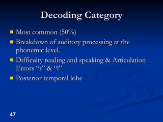 Decoding Category Most common (50%) Breakdown of auditory processing at the phonemic level. Difficulty reading and speaking & Articulation Errors “r” & “l” Posterior temporal lobe 