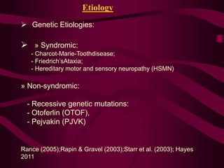  Genetic Etiologies:
 » Syndromic:
- Charcot-Marie-Toothdisease;
- Friedrich’sAtaxia;
- Hereditary motor and sensory neuropathy (HSMN)
» Non-syndromic:
- Recessive genetic mutations:
- Otoferlin (OTOF),
- Pejvakin (PJVK)
Rance (2005);Rapin & Gravel (2003);Starr et al. (2003); Hayes
2011
Etiology
 