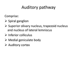 Auditory pathway
Comprise:
 Spiral ganglion
 Superior olivary nucleus, trapezoid nucleus
and nucleus of lateral lemniscus
 Inferior colliculus
 Medial geniculate body
 Auditory cortex
 