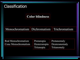 Classification
Color blindness
Monochromatism Dichromatism Trichromatism
Rod Monochromatism
Cone Monochromatism
Protanopia
Deuteranopia
Tritanopia
Protanomaly
Deuteranomaly
Tritanomaly
 