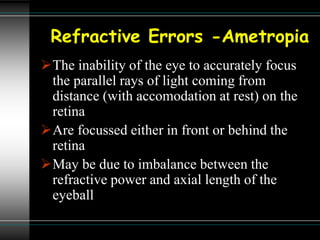 Refractive Errors -Ametropia
The inability of the eye to accurately focus
the parallel rays of light coming from
distance (with accomodation at rest) on the
retina
Are focussed either in front or behind the
retina
May be due to imbalance between the
refractive power and axial length of the
eyeball
 