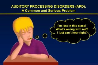 AUDITORY PROCESSING DISORDERS (APD):
     A Common and Serious Problem



                       I’m lost in this class!
                     What’s wrong with me?
                      I just can’t hear right.
 