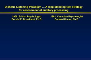 Dichotic Listening Paradigm … A long-standing test strategy
           for assessment of auditory processing

     1956: British Psychologist   1961: Canadian Psychologist
     Donald E. Broadbent, Ph.D.      Doreen Kimura, Ph.D.
 