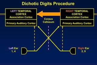 Dichotic Digits Procedure
   LEFT TEMPORAL                       RIGHT TEMPORAL
      CORTEX                               CORTEX
  Association Cortex                   Association Cortex
                           Corpus
                          Callosum
Primary Auditory Cortex              Primary Auditory Cortex




 Left Ear                                        Right Ear
   1, 4                                             2, 9
 