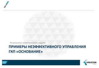 ПРИМЕРЫ НЕЭФФЕКТИВНОГО УПРАВЛЕНИЯ
ГКП «ОСНОВАНИЕ»
Результаты комплексного аудита
17
 