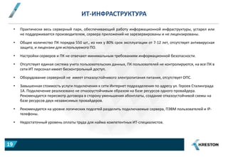 ИТ-ИНФРАСТРУКТУРА
• Практически весь серверный парк, обеспечивающий работу информационной инфраструктуры, устарел или
не поддерживается производителем, сервера приложений не зарезервированы и не лицензированы.
• Общее количество ПК порядка 550 шт., из них у 80% срок эксплуатации от 7-12 лет, отсутствует антивирусная
защита, и лицензии для используемого ПО.
• Настройки серверов и ПК не отвечают минимальным требованиям информационной безопасности.
• Отсутствует единая система учета пользовательских данных, ПК пользователей не контролируются, на все ПК в
сети ИТ персонал имеет бесконтрольный доступ.
• Оборудование серверной не имеет отказоустойчивого электропитания питания, отсутствует ОПС.
• Завышенная стоимость услуги подключения к сети Интернет подразделения по адресу ул. Героев Сталинграда
1А. Подключение реализовано не отказоустойчивым образом на базе ресурсов одного провайдера.
Рекомендуется пересмотр договора в сторону уменьшения абонплаты, создание отказоустойчивой схемы на
базе ресурсов двух независимых провайдеров.
• Рекомендуется на уровне логических подсетей разделить подключаемые сервера, ПЭВМ пользователей и IP-
телефоны.
• Недостаточный уровень оплаты труда для найма компетентных ИТ-специалистов.
19
 