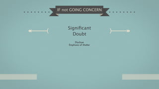 IF not GOING CONCERN



    Signiﬁcant
      Doubt
         Disclose
     Emphasis of Matter
 