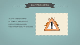 LAST PROCEDURES




ANALYTICAL REVIEW FOR T&F

ALL BALANCES SUBSTANTIATED

CHECKLIST FOR DISCLOSURES

CHECKLIST FOR ACCOUNTING POLICIES
 