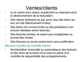 Ventes/clients ou le soient avec retard, empêchant ou retardant ainsi le déclenchement de la facturation. Des clients déclarent ne pas avoir reçu des biens qui leur ont été effectivement livrées; Des biens non encore livrés ou des prestations non encore réalisées soient facturés; Des factures émises ne soient pas enregistrées au journal des ventes Des factures ou avoirs soient émis sans justification  Mesures usuelles de contrôle interne: -  Numérotation (manuelle ou automatique) des factures et des bons de livraison et la mise en place d’un contrôle de séquentialité des enregistrements;   