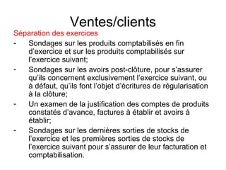 Ventes/clients Séparation des exercices Sondages sur les produits comptabilisés en fin d’exercice et sur les produits comptabilisés sur l’exercice suivant; Sondages sur les avoirs post-clôture, pour s’assurer qu’ils concernent exclusivement l’exercice suivant, ou à défaut, qu’ils font l’objet d’écritures de régularisation à la clôture; Un examen de la justification des comptes de produits constatés d’avance, factures à établir et avoirs à établir; Sondages sur les dernières sorties de stocks de l’exercice et les premières sorties de stocks de l’exercice suivant pour s’assurer de leur facturation et comptabilisation. 