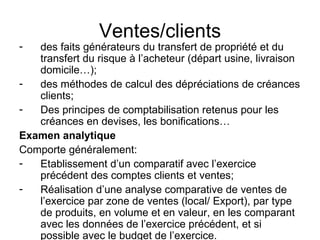 Ventes/clients des faits générateurs du transfert de propriété et du transfert du risque à l’acheteur (départ usine, livraison domicile…); des méthodes de calcul des dépréciations de créances clients;  Des principes de comptabilisation retenus pour les créances en devises, les bonifications… Examen analytique Comporte généralement: Etablissement d’un comparatif avec l’exercice précédent des comptes clients et ventes; Réalisation d’une analyse comparative de ventes de l’exercice par zone de ventes (local/ Export), par type de produits, en volume et en valeur, en les comparant avec les données de l’exercice précédent, et si possible avec le budget de l’exercice.  