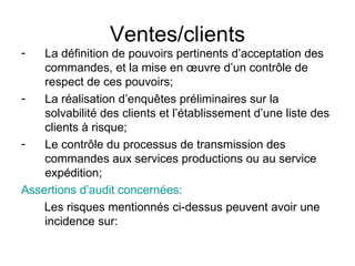 Ventes/clients La définition de pouvoirs pertinents d’acceptation des commandes, et la mise en œuvre d’un contrôle de respect de ces pouvoirs; La réalisation d’enquêtes préliminaires sur la solvabilité des clients et l’établissement d’une liste des clients à risque; Le contrôle du processus de transmission des commandes aux services productions ou au service expédition; Assertions d’audit concernées:  Les risques mentionnés ci-dessus peuvent avoir une incidence sur:  