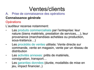 Ventes/clients <ul><li>Prise de connaissance des opérations </li></ul><ul><li>Connaissance générale </li></ul><ul><li>Opér...