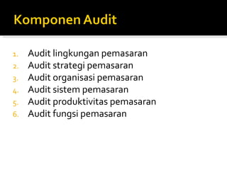 1.   Audit lingkungan pemasaran
2.   Audit strategi pemasaran
3.   Audit organisasi pemasaran
4.   Audit sistem pemasaran
5.   Audit produktivitas pemasaran
6.   Audit fungsi pemasaran
 