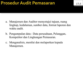 17-5




a. Manajemen dan Auditor menyetujui tujuan, ruang
   lingkup, kedalaman, sumber data, format laporan dan
   waktu audit.
b. Pengumpulan data : Data perusahaan, Pelanggan,
   Kompetitor dan Lingkungan Pemasaran.
c. Menganalisis, menilai dan melaporkan kepada
   Manajemen.
 