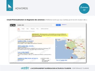 ADWORDS
L’ACCOMPAGNEMENT NUMÉRIQUE DES ACTEURS DU TOURISME - PERFORMANCE TOURISME
Évaluation
1/5
L’outil Prévisualisation et diagnostic des annonces d’AdWords montre que vous n’achetez pas le mot clé « location vélo ».
 