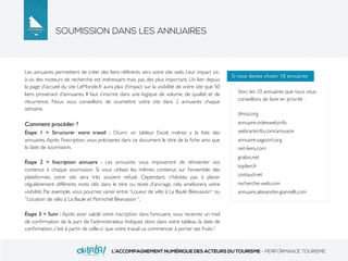SOUMISSION DANS LES ANNUAIRES
L’ACCOMPAGNEMENT NUMÉRIQUE DES ACTEURS DU TOURISME - PERFORMANCE TOURISME
Les annuaires permettent de créer des liens référents vers votre site web. Leur impact vis-
à-vis des moteurs de recherche est intéressant mais pas des plus important. Un lien depuis
la page d’accueil du site LeMonde.fr aura plus d’impact sur la visibilité de votre site que 50
liens provenant d’annuaires. Il faut s’inscrire dans une logique de volume, de qualité et de
récurrence. Nous vous conseillons de soumettre votre site dans 2 annuaires chaque
semaine.
Comment procéder ?
Étape 1 > Structurer votre travail : Ouvrir un tableur Excel, insérez y la liste des
annuaires.Après l’inscription, vous préciserez dans ce document le titre de la ﬁche ainsi que
la date de soumission.
Étape 2 > Inscription annuaire : Les annuaires vous imposeront de réinventer vos
contenus à chaque soumission. Si vous utilisez les mêmes contenus sur l’ensemble des
plateformes, votre site sera très souvent refusé. Cependant, n’hésitez pas à placer
régulièrement différents mots clés dans le titre ou texte d’ancrage, cela améliorera votre
visibilité. Par exemple, vous pourriez varier entre “Loueur de vélo à La Baule Bikevasion“ ou
“Location de vélo à La Baule et Pornichel Bikevasion “.
Étape 3 > Suivi : Après avoir validé votre inscription dans l’annuaire, vous recevrez un mail
de conﬁrmation de la part de l’administrateur. Indiquez donc dans votre tableau la date de
conﬁrmation, c’est à partir de celle-ci que votre travail va commencer à porter ses fruits !
Voici les 10 annuaires que nous vous
conseillons de faire en priorité :
dmoz.org
annuaire.indexweb.info
webrankinfo.com/annuaire
annuaire.yagoort.org
net-liens.com
gralon.net
toplien.fr
costaud.net
recherche-web.com
annuaire.alexandre-giannelli.com
Si vous deviez choisir 10 annuaires
 