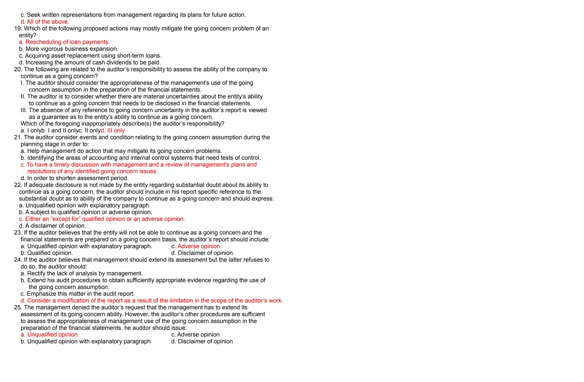 c. Seek written representations from management regarding its plans for future action.
d. All of the above.
19. Which of the following proposed actions may mostly mitigate the going concern problem of an
entity?
a. Rescheduling of loan payments.
b. More vigorous business expansion.
c. Acquiring asset replacement using short-term loans.
d. Increasing the amount of cash dividends to be paid.
20. The following are related to the auditor’s responsibility to assess the ability of the company to
continue as a going concern?
I. The auditor should consider the appropriateness of the management’s use of the going
concern assumption in the preparation of the financial statements.
II. The auditor is to consider whether there are material uncertainties about the entity’s ability
to continue as a going concern that needs to be disclosed in the financial statements.
III. The absence of any reference to going concern uncertainty in the auditor’s report is viewed
as a guarantee as to the entity’s ability to continue as a going concern.
Which of the foregoing inappropriately describe(s) the auditor’s responsibility?
a. I onlyb. I and II onlyc. II onlyd. III only
21. The auditor consider events and condition relating to the going concern assumption during the
planning stage in order to:
a. Help management do action that may mitigate its going concern problems.
b. Identifying the areas of accounting and internal control systems that need tests of control.
c. To have a timely discussion with management and a review of management’s plans and
resolutions of any identified going concern issues.
d. In order to shorten assessment period.
22. If adequate disclosure is not made by the entity regarding substantial doubt about its ability to
continue as a going concern, the auditor should include in his report specific reference to the
substantial doubt as to ability of the company to continue as a going concern and should express:
a. Unqualified opinion with explanatory paragraph
b. A subject to qualified opinion or adverse opinion.
c. Either an “except for” qualified opinion or an adverse opinion.
d. A disclaimer of opinion.
23. If the auditor believes that the entity will not be able to continue as a going concern and the
financial statements are prepared on a going concern basis, the auditor’s report should include:
a. Unqualified opinion with explanatory paragraph. c. Adverse opinion.
b. Qualified opinion. d. Disclaimer of opinion.
24. If the auditor believes that management should extend its assessment but the latter refuses to
do so, the auditor should:
a. Rectify the lack of analysis by management.
b. Extend his audit procedures to obtain sufficiently appropriate evidence regarding the use of
the going concern assumption.
c. Emphasize this matter in the audit report.
d. Consider a modification of the report as a result of the limitation in the scope of the auditor’s work.
25. The management denied the auditor’s request that the management has to extend its
assessment of its going concern ability. However, the auditor’s other procedures are sufficient
to assess the appropriateness of management use of the going concern assumption in the
preparation of the financial statements. he auditor should issue:
a. Unqualified opinion c. Adverse opinion
b. Unqualified opinion with explanatory paragraph d. Disclaimer of opinion
 