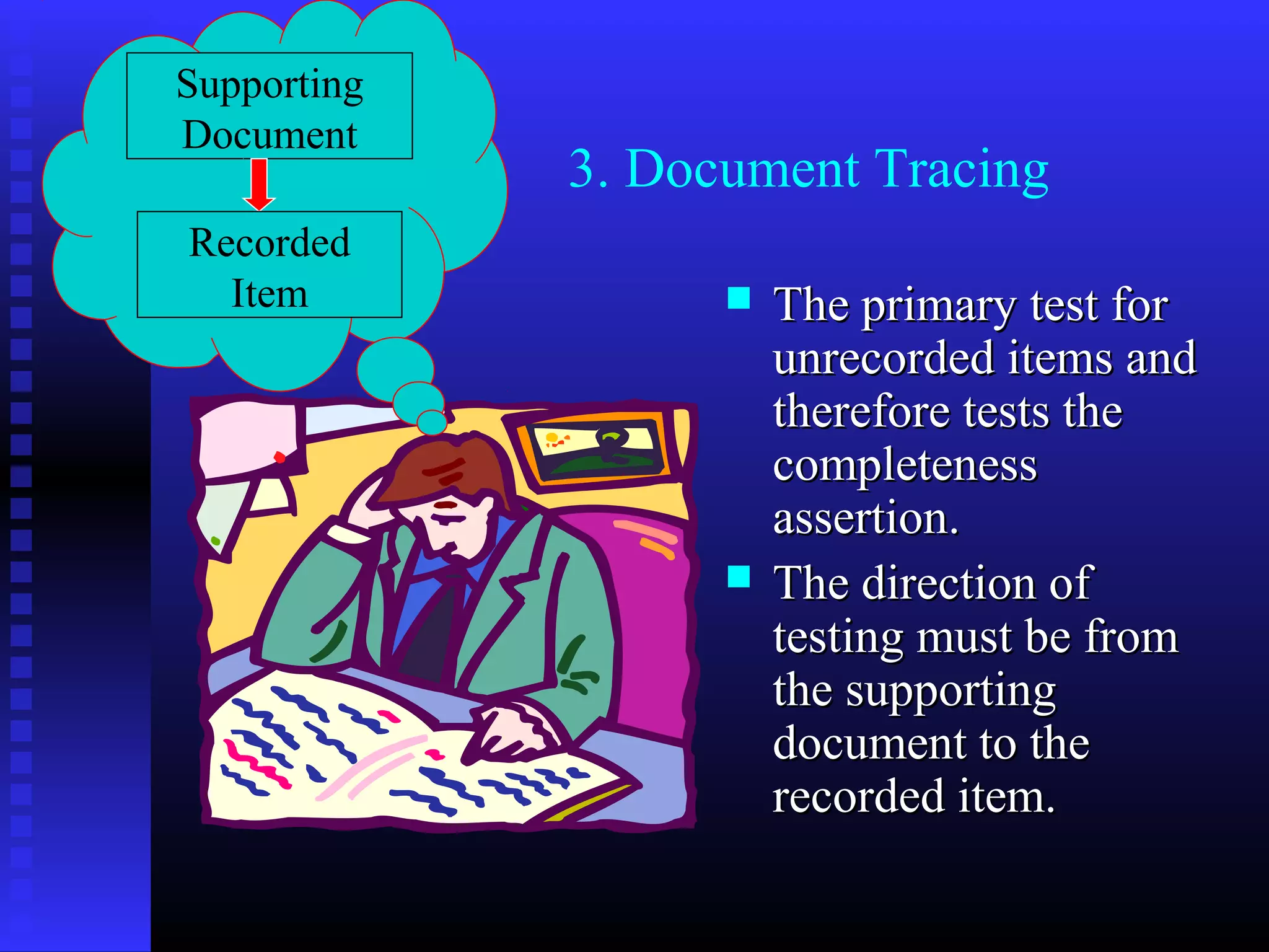 Supporting
Document
             3. Document Tracing
Recorded
  Item                The primary test for
                       unrecorded items and
                       therefore tests the
                       completeness
                       assertion.
                      The direction of
                       testing must be from
                       the supporting
                       document to the
                       recorded item.
 