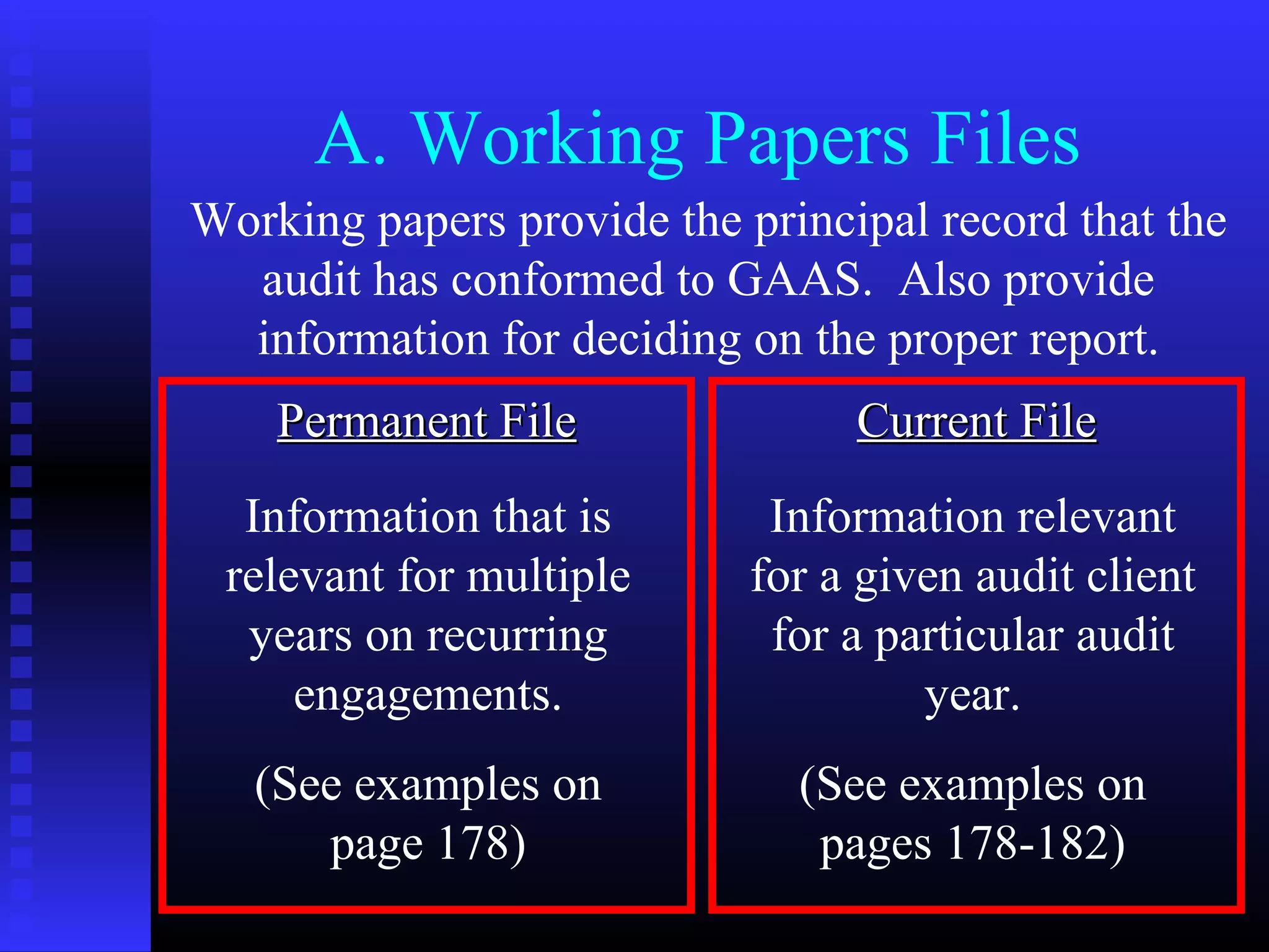 A. Working Papers Files
Working papers provide the principal record that the
  audit has conformed to GAAS. Also provide
  information for deciding on the proper report.
    Permanent File               Current File
  Information that is        Information relevant
 relevant for multiple      for a given audit client
  years on recurring         for a particular audit
     engagements.                    year.
   (See examples on           (See examples on
      page 178)                pages 178-182)
 