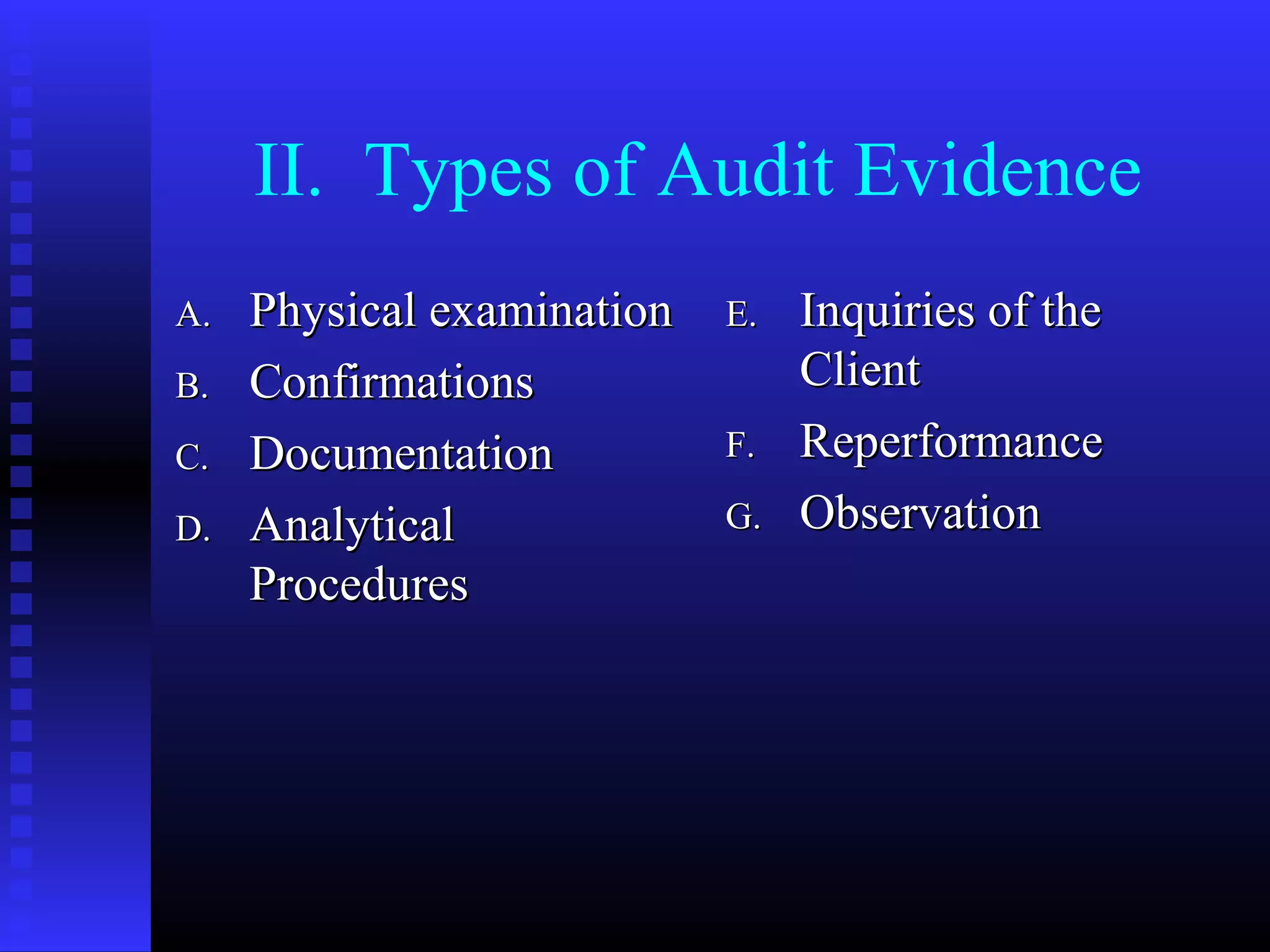 II. Types of Audit Evidence
A.   Physical examination   E.   Inquiries of the
B.   Confirmations               Client
C.   Documentation          F.   Reperformance
D.   Analytical             G.   Observation
     Procedures
 
