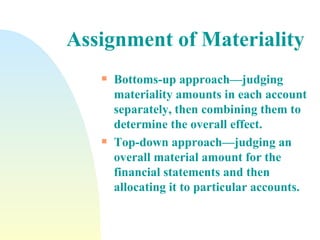 Assignment of Materiality Bottoms-up approach—judging materiality amounts in each account separately, then combining them to determine the overall effect. Top-down approach—judging an overall material amount for the financial statements and then allocating it to particular accounts. 