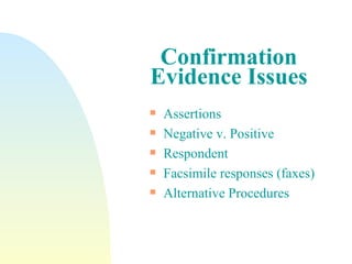 Confirmation Evidence Issues Assertions  Negative v. Positive Respondent  Facsimile responses (faxes) Alternative Procedures 