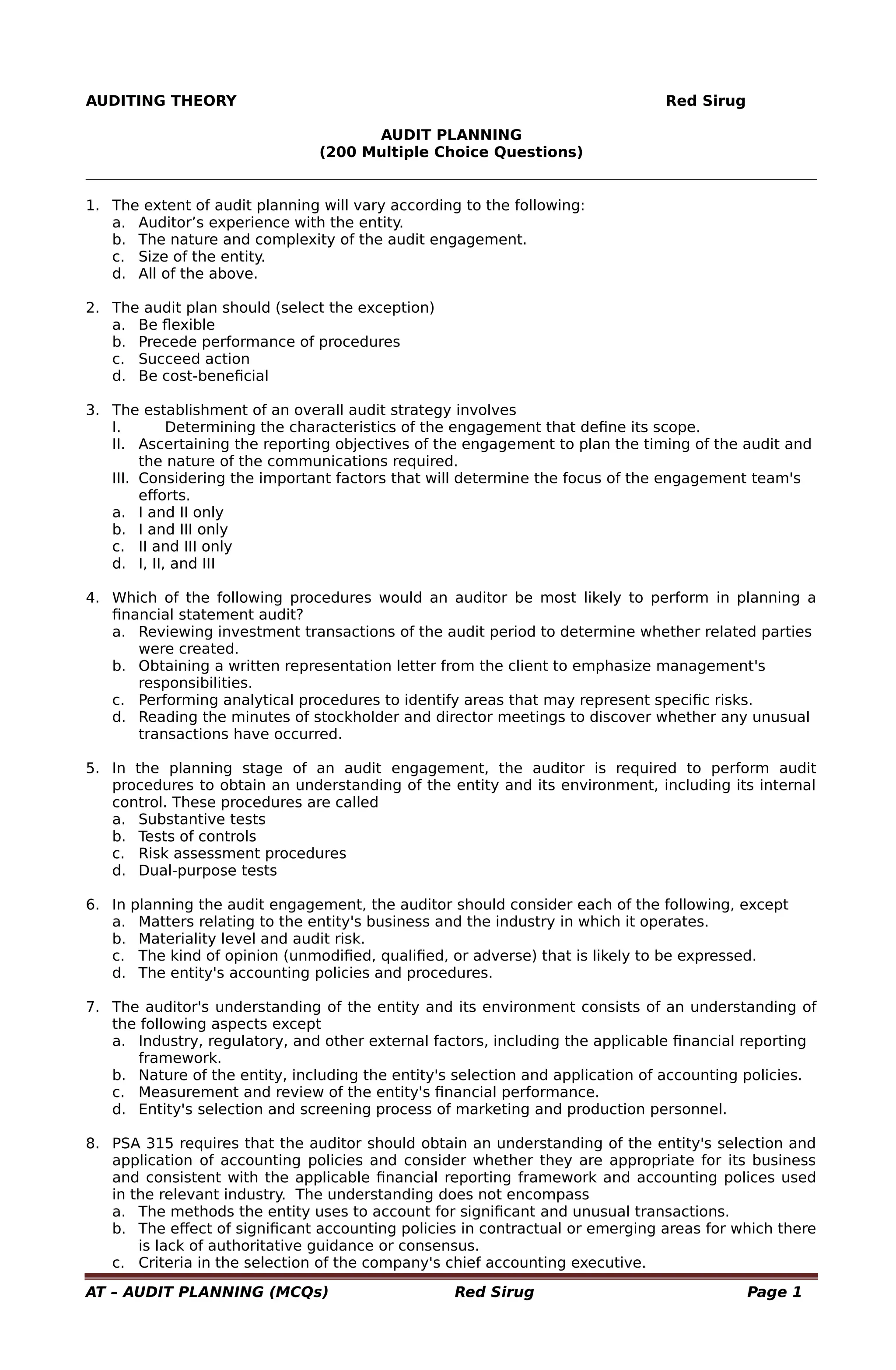 audit planning (auditing theory - red sirug) | PDF