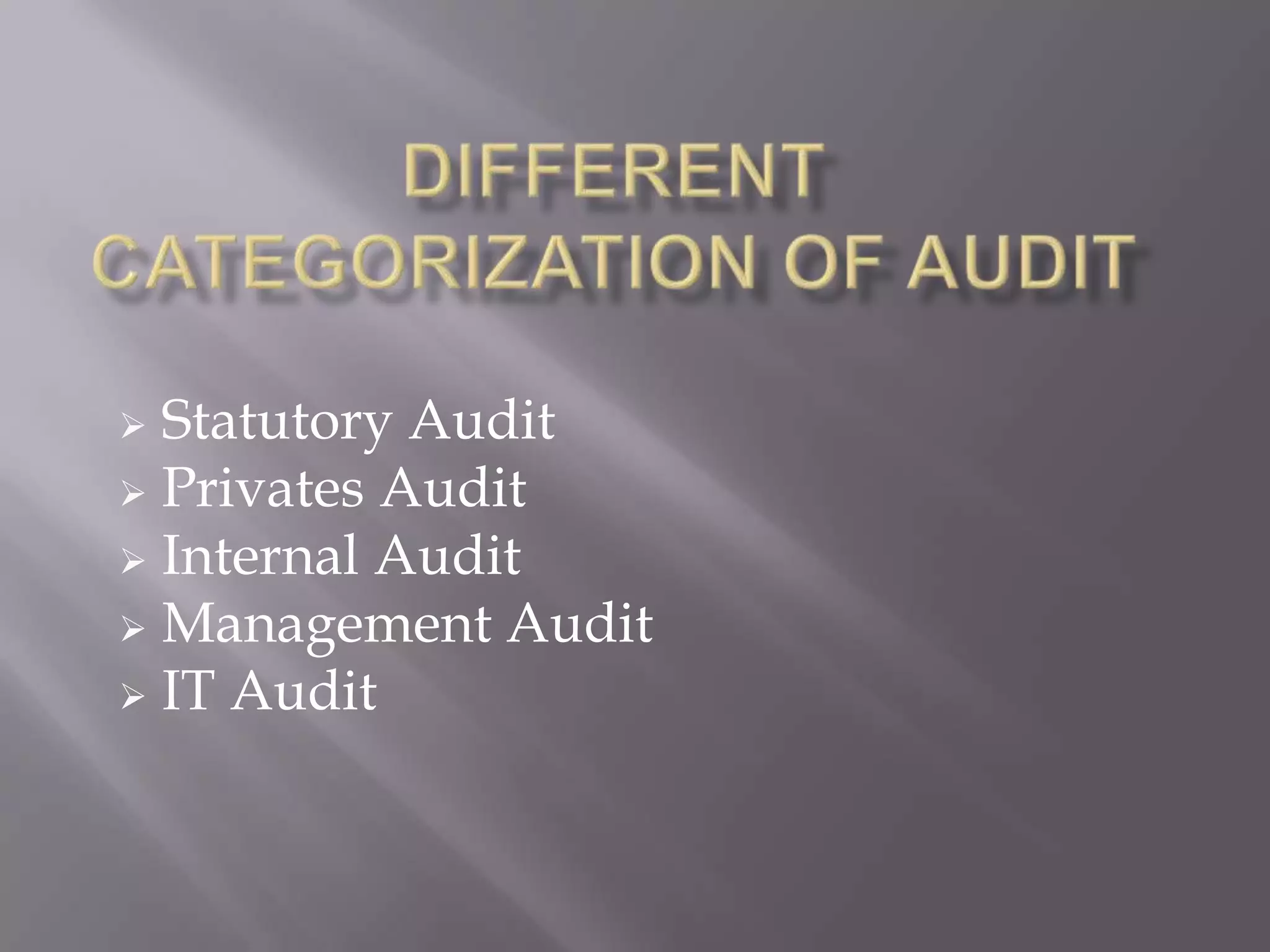  Statutory Audit
 Privates Audit
 Internal Audit
 Management Audit
 IT Audit
 