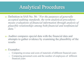 Analytical ProceduresReliabilityof analytical procedures depends on:The availabilty andreliability ofthe data usedThe plausbility and predictability ofthe relationshipThe precision of the expectation and the rigor of the investigationOne of the most important audit proceduresOffers the possibility toretreive evidence without muchwork (efficiency)