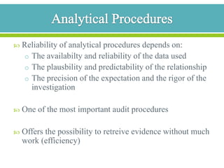 ScanningSpecial analytical procedure (AU 326.41)Review of  accounting  data to find significant or unusual items (manually or through use of CAATs)Review:AccountbalancesTransaction lists Subsidiary ledgersGeneral ledger control accountsAdjusting entriesSuspense accountsEtc.Scanning is unreliable; highly experiencedauditornecessary