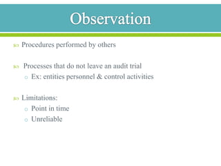 QuestionsWhich primary assertion is satisfied when an auditor observes the client's physical count of inventory?What is an example of audit evidence with low reliability?Which audit evidence category  makes up the bulk of the evidence gathered by the auditor?
