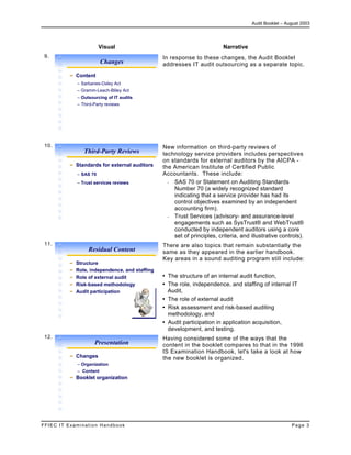 Audit Booklet – August 2003
FFIEC IT Examination Handbook Page 3
Visual Narrative
9.
Changes
Content
– Sarbanes-Oxley Act
– Gramm-Leach-Bliley Act
– Outsourcing of IT audits
– Third-Party reviews
In response to these changes, the Audit Booklet
addresses IT audit outsourcing as a separate topic.
10.
Third-Party Reviews
Standards for external auditors
– SAS 70
– Trust services reviews
New information on third-party reviews of
technology service providers includes perspectives
on standards for external auditors by the AICPA -
the American Institute of Certified Public
Accountants. These include:
- SAS 70 or Statement on Auditing Standards
Number 70 (a widely recognized standard
indicating that a service provider has had its
control objectives examined by an independent
accounting firm).
- Trust Services (advisory- and assurance-level
engagements such as SysTrust® and WebTrust®
conducted by independent auditors using a core
set of principles, criteria, and illustrative controls).
11.
Residual Content
Structure
Role, independence, and staffing
Role of external audit
Risk-based methodology
Audit participation
There are also topics that remain substantially the
same as they appeared in the earlier handbook.
Key areas in a sound auditing program still include:
▪ The structure of an internal audit function,
▪ The role, independence, and staffing of internal IT
Audit,
▪ The role of external audit
▪ Risk assessment and risk-based auditing
methodology, and
▪ Audit participation in application acquisition,
development, and testing.
12.
Presentation
Changes
– Organization
– Content
Booklet organization
Having considered some of the ways that the
content in the booklet compares to that in the 1996
IS Examination Handbook, let's take a look at how
the new booklet is organized.
 