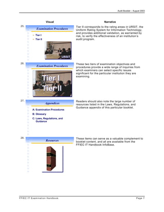 Audit Booklet – August 2003
FFIEC IT Examination Handbook Page 7
Visual Narrative
25.
Examination Procedures
Tier I
Tier II
URSITURSIT
Tier II corresponds to the rating areas in URSIT, the
Uniform Rating System for Information Technology,
and provides additional validation, as warranted by
risk, to verify the effectiveness of an institution’s
audit program.
26.
Examination Procedures
Tier IITier II
Tier ITier I
These two tiers of examination objectives and
procedures provide a wide range of inquiries from
which examiners can select specific issues
significant for the particular institution they are
examining.
27.
Appendices
A: Examination Procedures
B: Glossary
C: Laws, Regulations, and
Guidance
Readers should also note the large number of
resources listed in the Laws, Regulations, and
Guidance appendix of this particular booklet.
28.
Resources
These items can serve as a valuable complement to
booklet content, and all are available from the
FFIEC IT Handbook InfoBase.
 