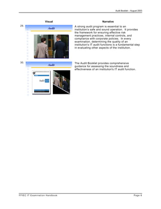 Audit Booklet – August 2003
FFIEC IT Examination Handbook Page 8
Visual Narrative
29.
Audit
A strong audit program is essential to an
institution’s safe and sound operation. It provides
the framework for ensuring effective risk
management practices, internal controls, and
compliance with corporate policies. In every
examination, determining the quality of an
institution’s IT audit functions is a fundamental step
in evaluating other aspects of the institution.
30.
Audit
The Audit Booklet provides comprehensive
guidance for assessing the soundness and
effectiveness of an institution's IT audit function.
 