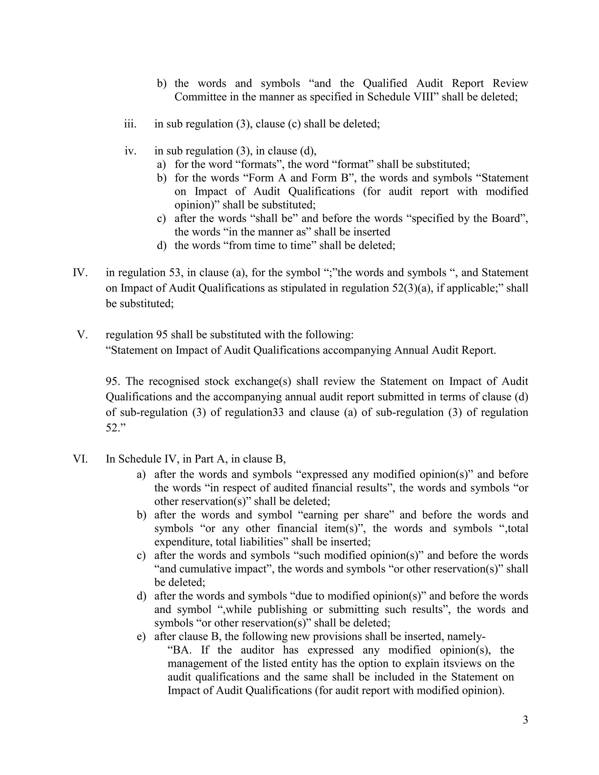 3
b) the words and symbols “and the Qualified Audit Report Review
Committee in the manner as specified in Schedule VIII” shall be deleted;
iii. in sub regulation (3), clause (c) shall be deleted;
iv. in sub regulation (3), in clause (d),
a) for the word “formats”, the word “format” shall be substituted;
b) for the words “Form A and Form B”, the words and symbols “Statement
on Impact of Audit Qualifications (for audit report with modified
opinion)” shall be substituted;
c) after the words “shall be” and before the words “specified by the Board”,
the words “in the manner as” shall be inserted
d) the words “from time to time” shall be deleted;
IV. in regulation 53, in clause (a), for the symbol “;”the words and symbols “, and Statement
on Impact of Audit Qualifications as stipulated in regulation 52(3)(a), if applicable;” shall
be substituted;
V. regulation 95 shall be substituted with the following:
“Statement on Impact of Audit Qualifications accompanying Annual Audit Report.
95. The recognised stock exchange(s) shall review the Statement on Impact of Audit
Qualifications and the accompanying annual audit report submitted in terms of clause (d)
of sub-regulation (3) of regulation33 and clause (a) of sub-regulation (3) of regulation
52.”
VI. In Schedule IV, in Part A, in clause B,
a) after the words and symbols “expressed any modified opinion(s)” and before
the words “in respect of audited financial results”, the words and symbols “or
other reservation(s)” shall be deleted;
b) after the words and symbol “earning per share” and before the words and
symbols “or any other financial item(s)”, the words and symbols “,total
expenditure, total liabilities” shall be inserted;
c) after the words and symbols “such modified opinion(s)” and before the words
“and cumulative impact”, the words and symbols “or other reservation(s)” shall
be deleted;
d) after the words and symbols “due to modified opinion(s)” and before the words
and symbol “,while publishing or submitting such results”, the words and
symbols “or other reservation(s)” shall be deleted;
e) after clause B, the following new provisions shall be inserted, namely-
“BA. If the auditor has expressed any modified opinion(s), the
management of the listed entity has the option to explain itsviews on the
audit qualifications and the same shall be included in the Statement on
Impact of Audit Qualifications (for audit report with modified opinion).
 