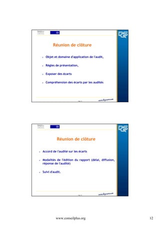 Réunion de clôture
Objet et domaine d'application de l'audit,
Règles de présentation,
Exposer des écarts
Compréhension des écarts par les audités

Page 23

Réunion de clôture
Accord de l'audité sur les écarts
Modalités de l'édition du rapport (délai, diffusion,
réponse de l'audité)
Suivi d'audit.

Page 24

www.conseilplus.org

12

 