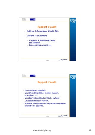 Rapport d’audit
Établi par le Responsable d’Audit (RA).
Contient, le cas échéant:
L'objet et le domaine de l'audit
Les auditeurs
Les personnes rencontrées

Page 25

Rapport d’audit
Les documents examinés
Les référentiels utilisés (norme, manuel,
procédures ...)
Les observations (Écarts : NC et / ou Rem.)
Les destinataires du rapport.
Présente une synthèse sur l'aptitude du système à
atteindre les objectifs.

Page 26

www.conseilplus.org

13

 