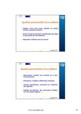 Qualités personnelles d’un auditeur
Intègre, c’est à dire juste, attaché à la vérité,
sincère, honnête et discret
Ouvert d’esprit; prend en considération des idées
ou des points de vue différents
Diplomate; relations avec les autres

Page 31

Qualités personnelles d’un auditeur
Observateur; attentif aux activités et à leur
environnement
Polyvalent; s’adapte à différentes situations
Tenace; persévérant, concentré sur l’atteinte
des objectifs
Capable de décision; des conclusions fondées
sur une analyse logique…..

Page 32

www.conseilplus.org

16

 